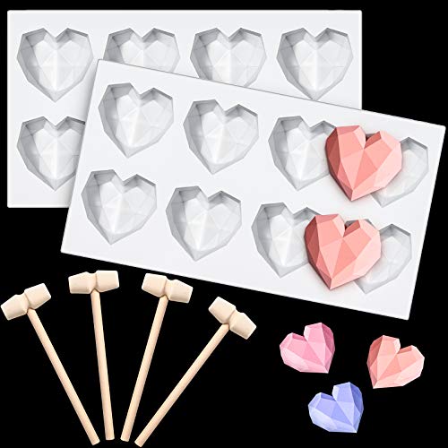 2 Pieces 8 Cup Diamond Chocolate Silicone Molds Heart Love Shaped Cupcake Molds with 4 Pieces Wooden Crab Lobster Mallets for Cake Decoration Candy Chocolate Making
