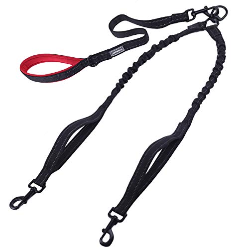 Vivaglory Double Dog Leash, No-Tangle & Shock Absorbing Bungee Leash with Traffic Handle and Reflective Trim for Two Medium to Large Dogs for Daily Walking & Training