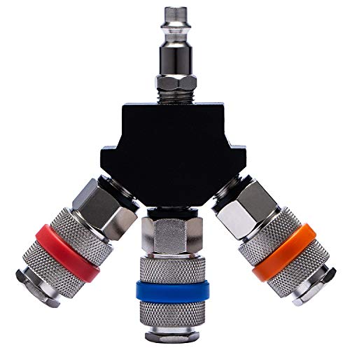 HJRbison 3-Way Air Manifold Industrial Flat Quick Connect Air Hose Splitter,color matching system dedicated line use,with 3 Nickel-plated steel quick connect and 1/4' Male NPT Plug