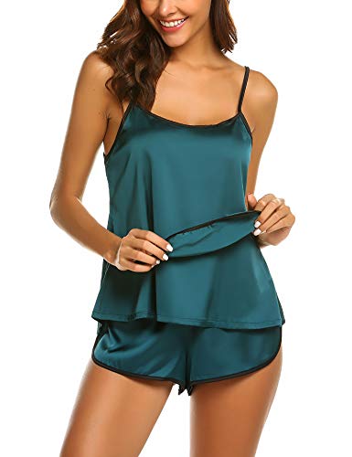 Ekouaer Womens Sexy Sleepwear Lingerie Satin Pajamas Cami Shorts Set Nightwear,15-dark Green,Medium