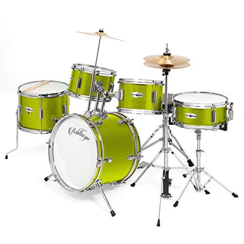 Ashthorpe 5-Piece Complete Kid's Junior Drum Set with Genuine Brass Cymbals - Children's Professional Kit with 16' Bass Drum, Adjustable Throne, Cymbals, Hi-Hats, Pedals & Drumsticks - Green