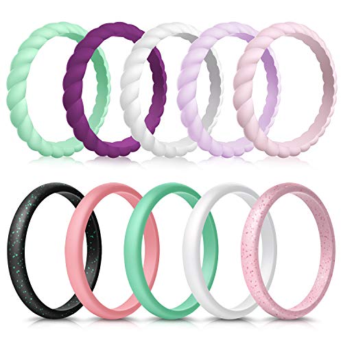 Forthee 10 Pack Silicone Wedding Ring for Women, Thin and Braided Rubber Band, Fashion, Colorful, Comfortable fit, Skin Safe,Size 7