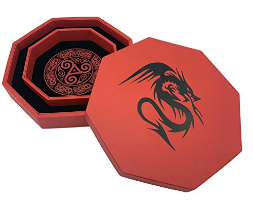 Luck Lab 8 Inch Dice Tray – Red - with Lid and Dice Staging Area for RPG Table Top Gaming- Dragon Design