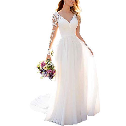Clothfun Women's V-Neck Lace Beach Wedding Dresses for Bride 2020 Long Sleeve Bridal Gowns Style9 White 2