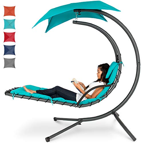 Best Choice Products Outdoor Hanging Curved Steel Chaise Lounge Chair Swing w/Built-in Pillow and Removable Canopy, Teal