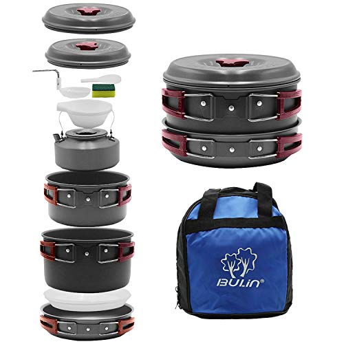 Bulin 27/13/11/8/3 PCS Camping Cookware Mess Kit, Nonstick Lightweight Backpacking Cooking Set, Outdoor Cook Gear for Family Hiking, Picnic(Kettle, Pot, Frying Pan, BPA-Free Bowls, Plates, Spoon)