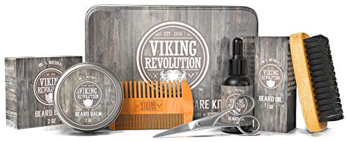 Viking Revolution Beard Care Kit for Men - Ultimate Beard Grooming Kit includes 100% Boar Men’s Beard Brush, Wooden Beard Comb, Beard Balm, Beard Oil, Beard & Mustache Scissors in a Metal Gift Box