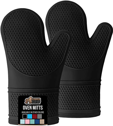 Gorilla Grip Premium Silicone Slip Resistant Oven Mitt Set, Soft Flexible Oven Gloves, Heat Resistant Kitchen Cooking Mitts, Protect Hands from Hot Surfaces, Cookie Sheets, Black Pair, Set of 2