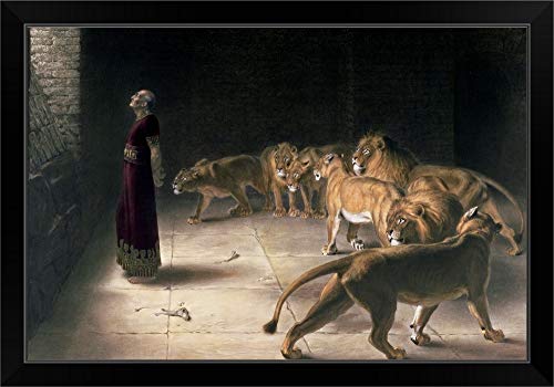 CANVAS ON DEMAND Daniel in The Lions Den, Mezzotint Black Framed Art Print, 33'x23'x1'