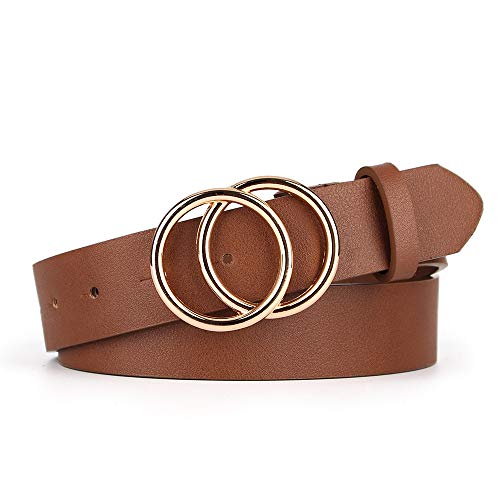 Women Belts with Double O Ring Golden Buckle, UnFader Fashion Trendy Faxu Leather Round Circle Belts for Jeans Dress