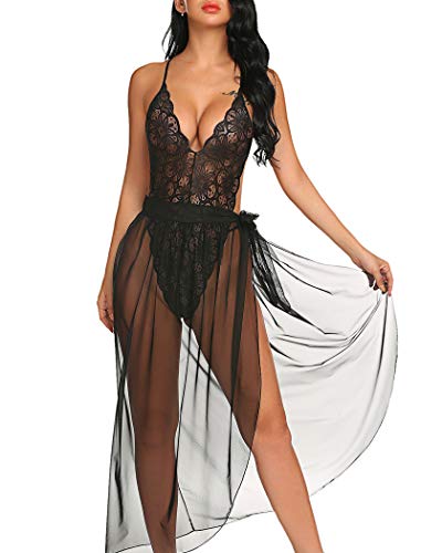 Avidlove Women Lingerie Sexy Nightgown 2 Pieces Set Lace Teddy Sheer Wrap Skirt Black Medium