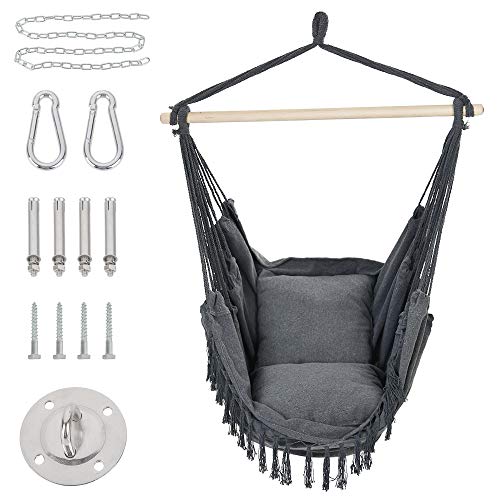 Patio Watcher Hammock Chair Hanging Rope Swing Seat with 2 Cushions and Hardware Kits, Perfect for Indoor, Outdoor, Home, Bedroom, Patio, Yard，Deck, Garden, Gray