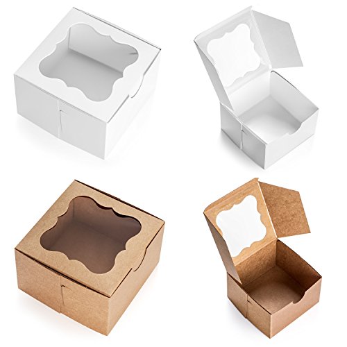 50 Pack White Bakery Box with Window 4x4x2.5 inch - Eco-Friendly Paper Board Cardboard Gift Packaging Boxes for Pastries, Cookies, Small Cakes, Pie, Cupcakes, and More - by California Containers