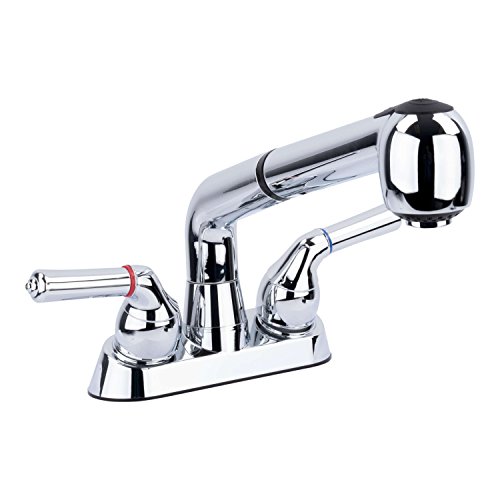 Universal Laundry Tub Faucet With Pull Out Sprayer Spout, Utility Sink Faucets Replacement, Double Handle, Non-Metallic ABS Plastic, Chrome Finish