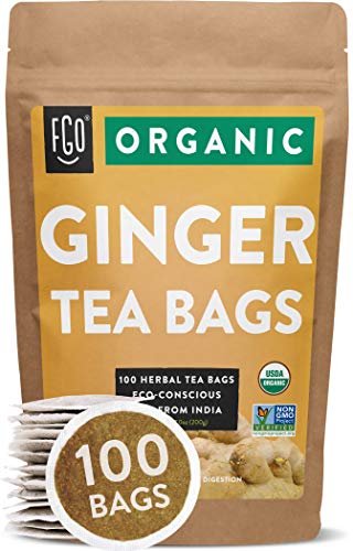 Organic Ginger Tea Bags | 100 Tea Bags | Eco-Conscious Tea Bags in Kraft Bag | Raw from India | by FGO