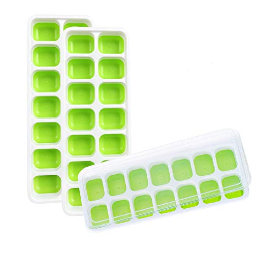 3 Pack Ice Cube Trays, Silicone Ice Cube Molds with Lids Easy Release, Flexible and BPA Free Ice Tray with Spill-Resistant Removable Lid for Whiskey, Cocktail, Dishwasher Safe - Green