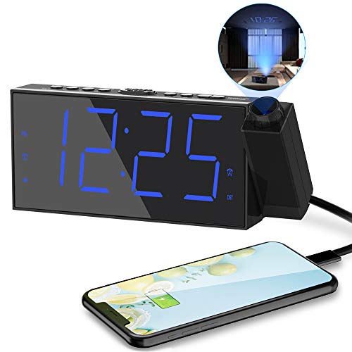 Projection Digital Alarm Clock for Bedrooms,Dual Loud Alarm Clock for Heavy Sleeper,Large Alarm Clock with Projection on Ceiling with USB Port,Battery Backup, 180°Projector, LED Display for Kid
