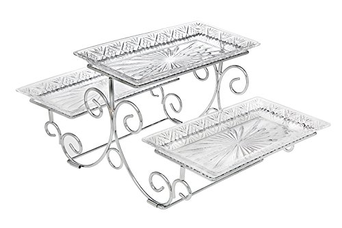 Godinger Silver Art Dublin 3 Tiered Glass Buffet Serving Tray - Chrome Plated Platter Stand with Starburst Design - Party and Event Dessert and Food Display Server