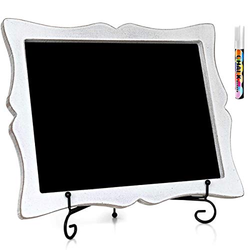 11'x13' Chalkboard Sign with Easel (Rustic White) + White Liquid Chalk Marker | Hanging or Freestanding Framed Chalkboard with Hand Crafted Sweetheart Frame - Multipurpose Small Chalkboard Sign