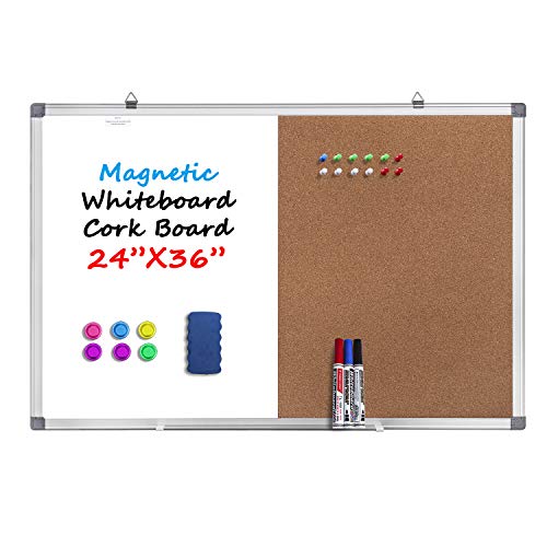 Magnetic Whiteboard and Cork Board Combination Board, Dry Erase Board Bulletin Combo Board for Home Office, Wall Mounted Message Memo Board with Markers, Eraser, Magnets, Push Pin, 36 x 24 Inches
