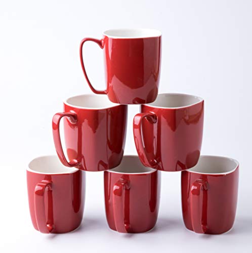 Amuse- Professional Porcelain Bistro Collection Daily Mugs- Set of 6-14 oz (Scarlet Red)