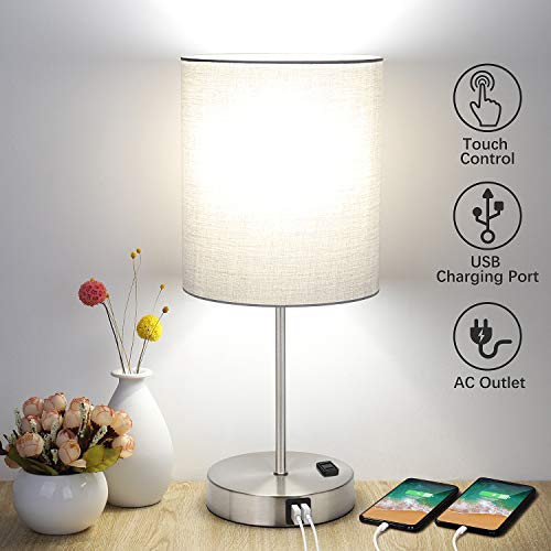 Touch Control Table Lamp, 3 Way Dimmable Bedside Desk Lamp with 2 Fast USB Charging Ports and AC Outlet, Nightstand Lamp for Bedroom Living Room, Modern Office Lamp, Silver Base, 60W LED Bulb Included