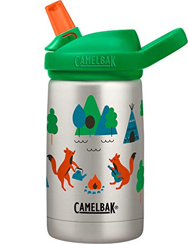 CamelBak Eddy+ Kids Water Bottle, Vacuum Insulated Stainless Steel with Straw Cap, 12 oz, Camping Foxes - Spill-Proof When Open, Leak-Proof When Closed (2284101040)