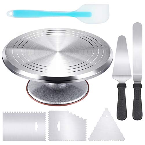 Kootek Aluminium Alloy Revolving Cake Stand 12' Cake Turntable, 12.7' Icing Spatula, 3 Icing Smoother, Silicone Spatula and Cake Server/Cutter