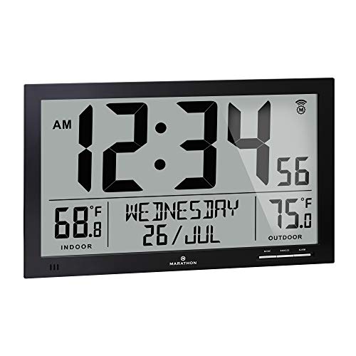 Marathon Slim Atomic Full Calendar Wall Clock with Indoor/Outdoor Temperature. Extra Long 4.5 Inch Digits. Comes with External Probe for Refrigerators - CL030066BK (Black)