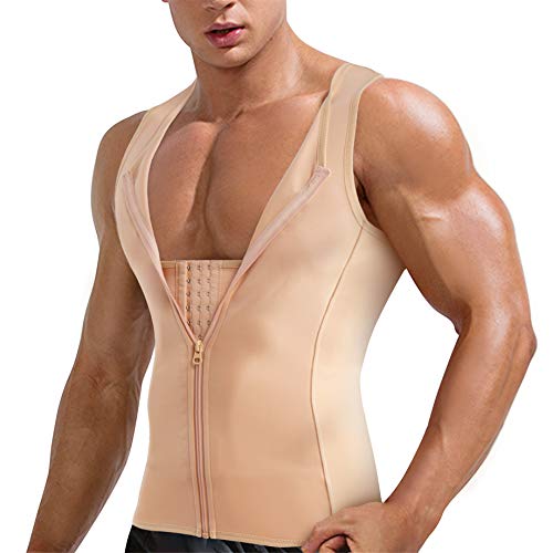 TAILONG Men Compression Shirt for Body Slimming Tank Top Shaper Tight Undershirt Tummy Control Girdle (Small, Beige)