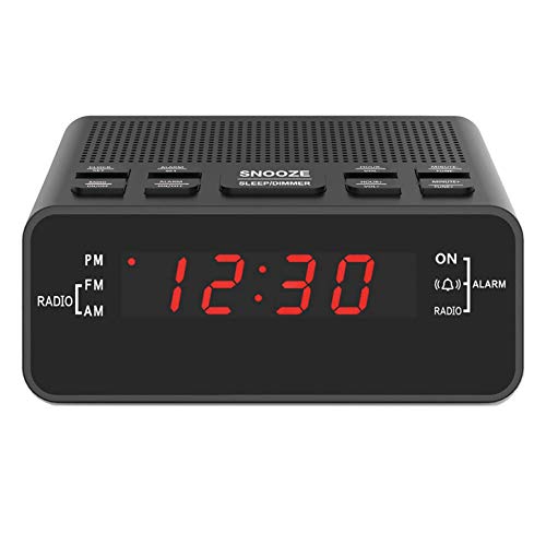 Jingsense Digital Alarm Clock Radio, Small Alarm Clocks for Bedrooms - AM/FM Radio, 0.6” LED Digits Dimmerable Red Display, Easy Snooze, Sleep Timer, Battery Backup