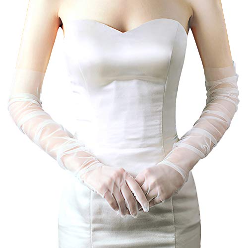 BABEYOND Long Wedding Gloves Ladies Opera Tulle Gloves Prom Evening Elbow Gloves Special Occasion Gloves for Costume Party (White)