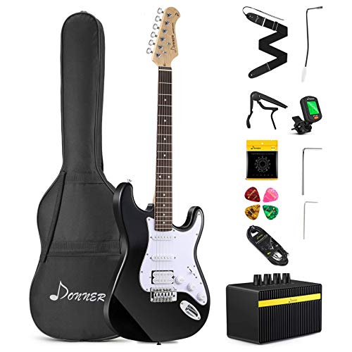Donner DST-102B Solid Body 39 Inch Full-Size Electric Guitar Kit Black, Beginner Starter, with Amplifier, Bag, Capo, Strap, String, Tuner, Cable, Picks