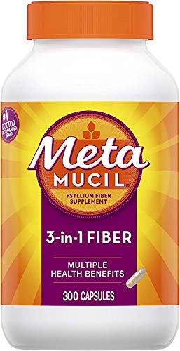 Metamucil Fiber, 300 Capsules, 3-in-1 Psyllium Husk Supplement, Natural Digestive Health