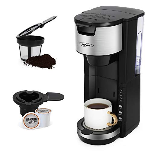 K Cup Coffee Maker, Single Serve Coffee Maker for Capsule Pod Ground Coffee, Coffee Machine with 30oz Removable Reservoir One-Touch Button, 1000W Fast Brew 5 Brewing Size, Adjustable Drip Tray Black