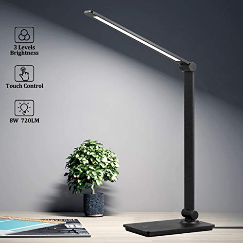LED Desk Lamp, Touch Control Desk Lamp with 3 Levels Brightness, Dimmable Office Lamp with Adjustable Arm, Foldable Table Desk Lamp for Table Bedroom Bedside Office Study, 5000K, 8W, Black