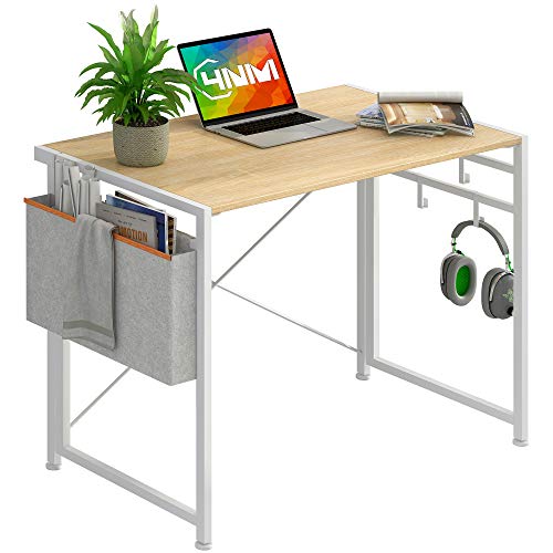 4NM No-Assembly Folding Desk with Storage Bag and 4-Hook Small Computer Desk Laptop Table Compact Home Office Desk Study Reading Table for Space Saving Office Table (White with Storage Bag)