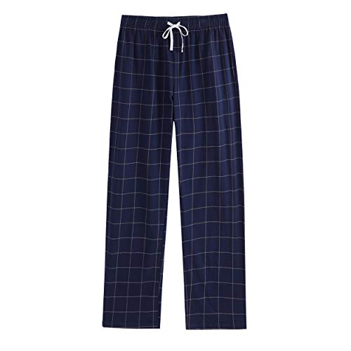 Vulcanodon Mens Cotton Pajama Pants, Lightweight Sleep Pants with Pockets Soft Lounge Pajama Pants for Men Plaid Pj Bottoms(Navy-Plaid, S)