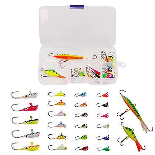 COLMO Ice Fishing Lures Ice Fishing Jigs Ice Fishing Gear Hard Fishing Lures with Single Treble Hooks Ice Fishing Kit Jigs 25pcs for Winter Fishing Jigging for Bass Walleye Panfish (Mixed Colors)