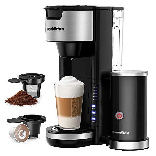 Singles Serve Coffee Makers With Milk Frother, 2-In-1 Coffee Machine For K Cup Pod & Coffee Ground, Latte and Cappuccino Maker, Built in Portable Electric Milk Steamer, 3Oz Reservoir 5 Brew Size Small Coffee Brewer Machine for office Home Kitchen- Black