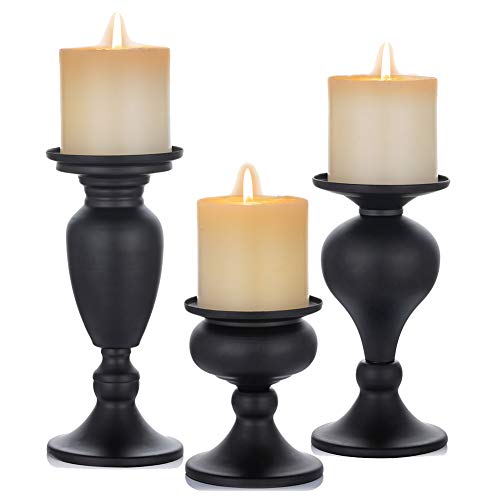 Sziqiqi Metallic Pillar Candleholder Set for Candle Centerpieces, Table Mantel Fireplace Decoration Set of 3 Gourd-Shaped Design Black