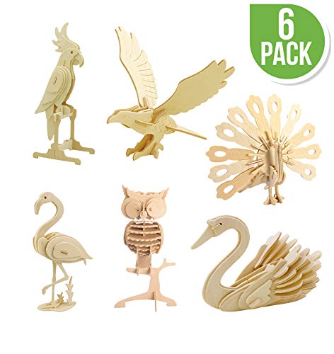 Hands Craft DIY 3D Wooden Puzzle Bundle Set, Pack of 6 Bird Animals Brain Teaser Puzzles | Educational STEM Toy | Safe and Non-Toxic Easy Punch Out Premium Wood | (JP2B4)