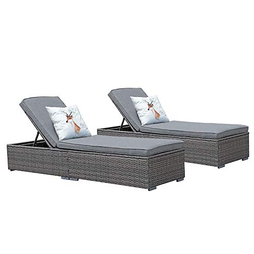 JOIVI Wicker Chaise Lounge Outdoor, Patio Gray Rattan Pool Chairs and lounges, Adjustable Backrest Lounge Chair with Removable Gray Cushion (Set of 2)