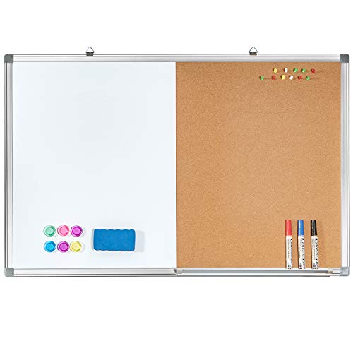 Combination White Board & Bulletin Cork Board 24 x 18 Whiteboard Magnetic, Combo Dry Erase Board with Aluminum Frame Hanging Message Board Wall Mounted for Homeschooling, Office, Classroom
