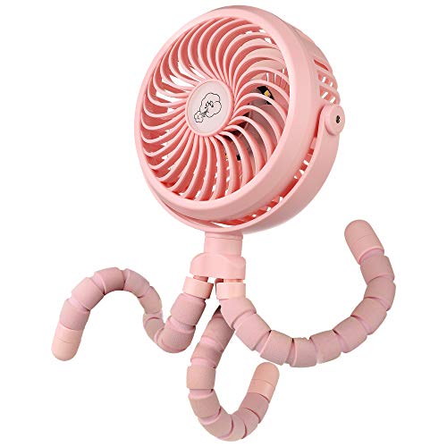 Battery Operated Stroller Fan Flexible Tripod Clip On Fan with 3 Speeds and Rotatable Handheld Personal Fan for Car Seat Crib Bike Treadmill (Pink)