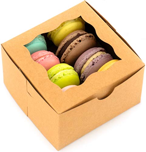 BakeLuv Brown Bakery Boxes with Window 4x4x2.5 inches | 50 Pack | Thick & Sturdy | Bakery Boxes, Mini Cake Boxes, Cookie Boxes, Dessert, Pastry, Small Treat Boxes | Macarons NOT Included