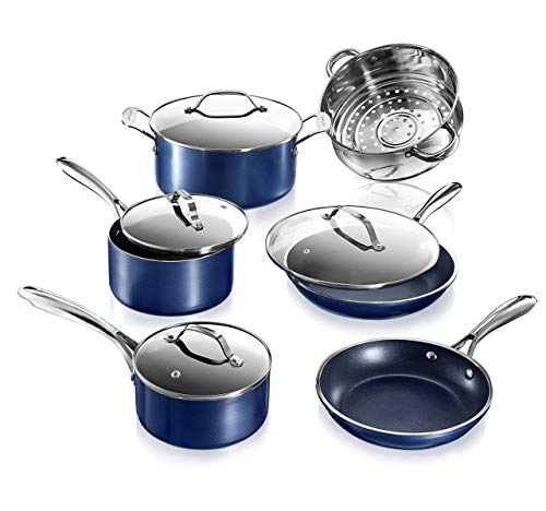 Granite Stone Diamond Granite Stone Classic Blue Pots and Pans Set with Ultra Nonstick Durable Mineral & Diamond Triple Coated Surface, Stainless Steel Stay Cool Handles, 10 Piece Cookware