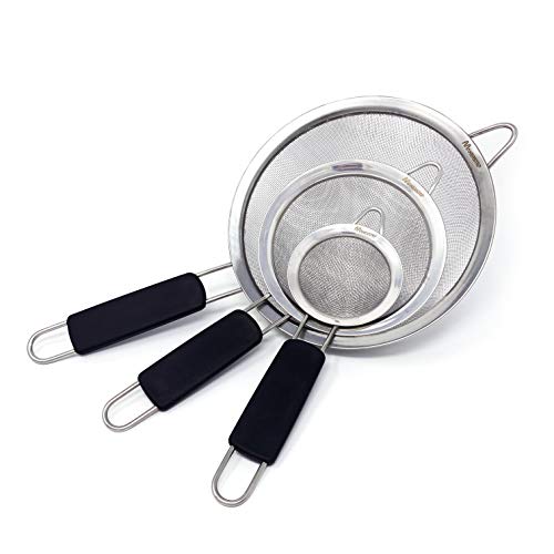 Makerstep Stainless Steel Fine Mesh Strainers. Set of 3 Graduated Sizes Strainer Wire Sieve with Insulated Handle for Kitchen, Cooking, Food Preparation. Premium Stainless Steel, Lightweight