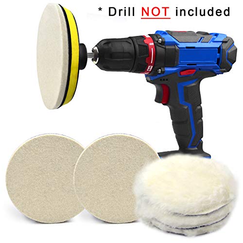 5 Inch Buffing Wool Pads 8PCS Kits, Felt Polishing Pad Buffing Wheel for Drill Woolen Wax Pad and Hook & Loop Backing Plate with 8mm M14 Drill Adapter for Car & Boat Polishing, Waxing, Sealing, Glaze