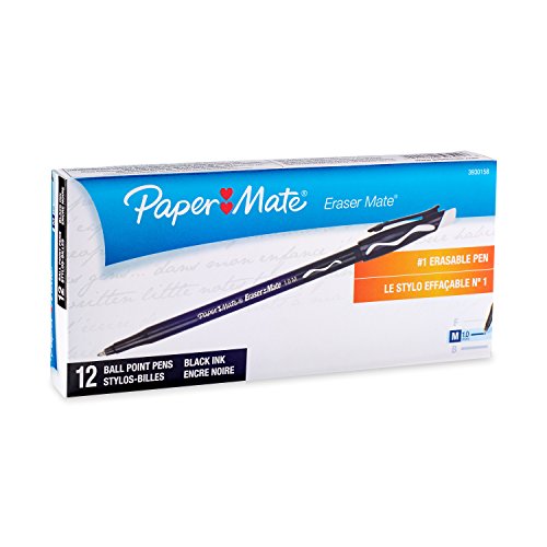 Paper Mate 3930158 EraserMate Erasable Pen, Medium Point, Black, 12-Count